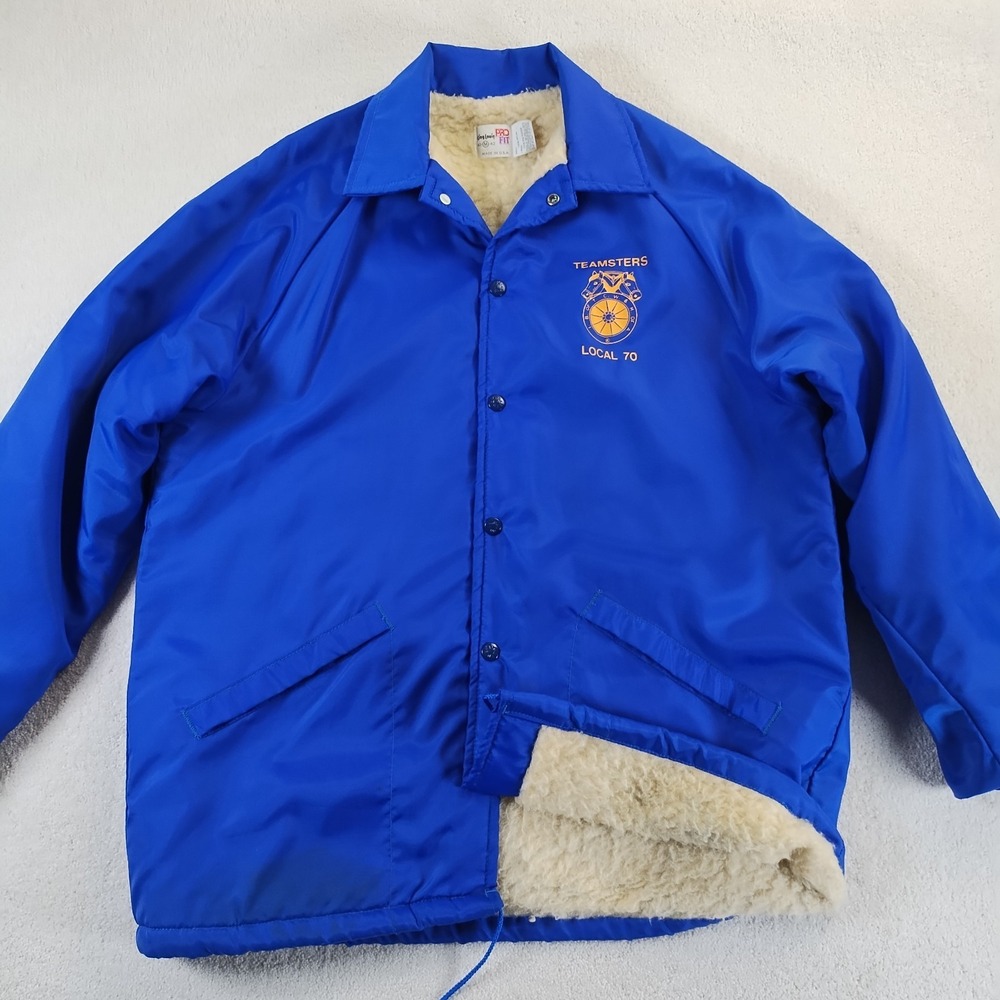 VTG King Louie Sherpa Lined Coaches Jacket Men's Med Blue Teamsters Local 70 USA